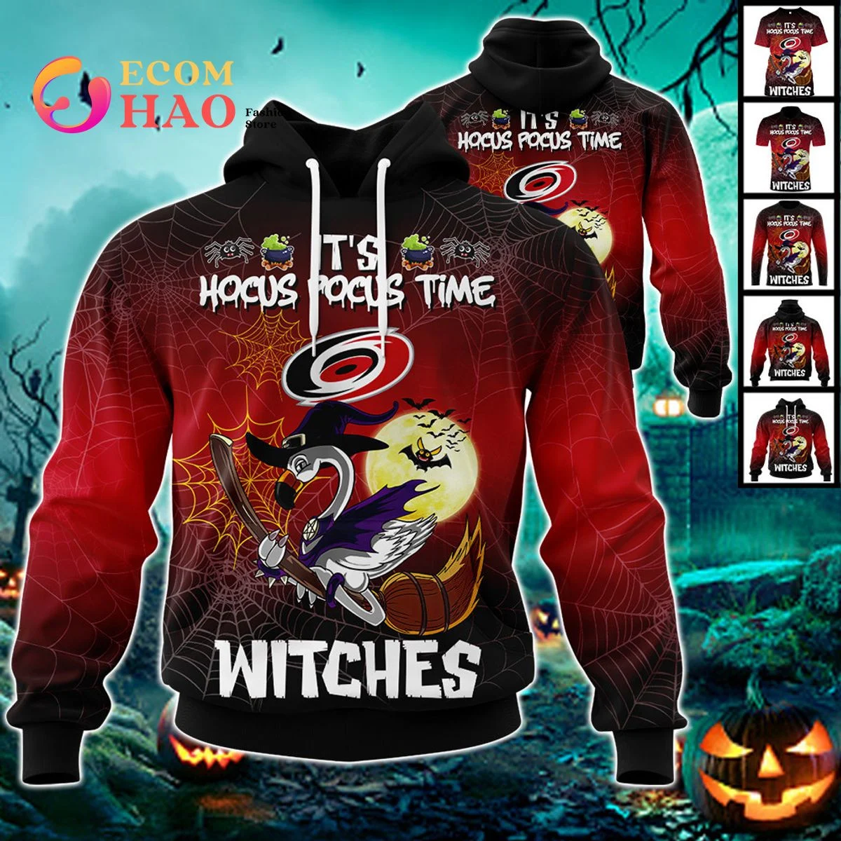Carolina Hurricanes Halloween Jersey Flamingo Witches Hocus Pocus 3D Hoodie, Zip Hoodie, Man - Women, Warm, Premium Quality HZ0501