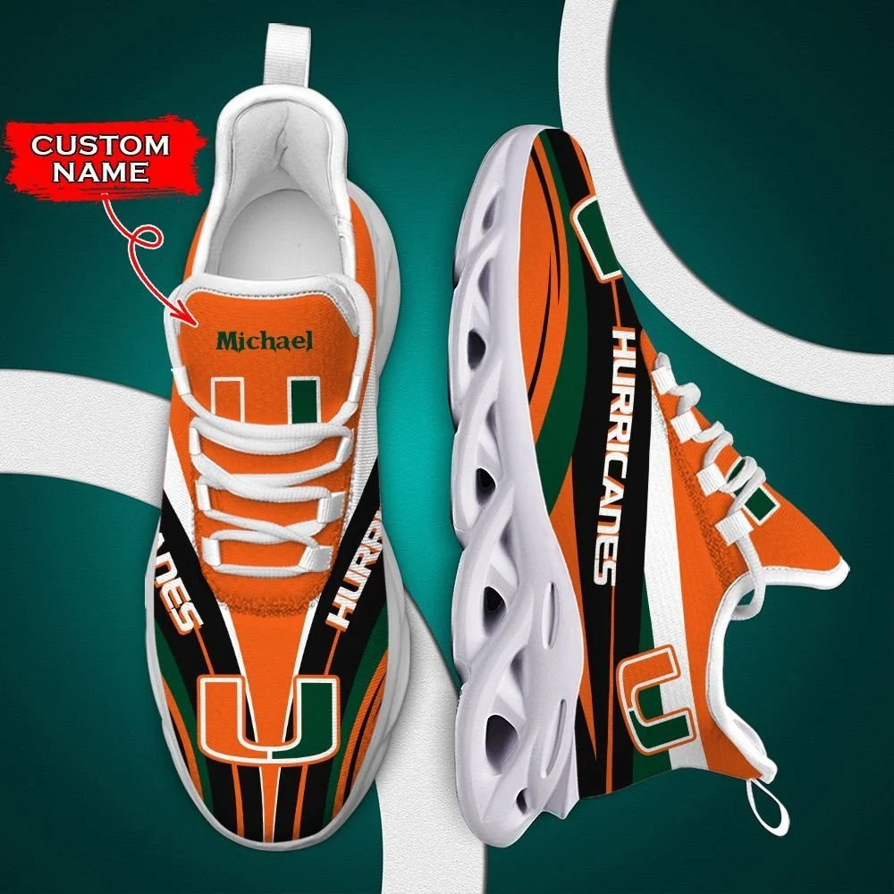 Custom Miami Hurricanes Custom Name Orange Black Max Soul Shoes V2 Sneakers  MS0601