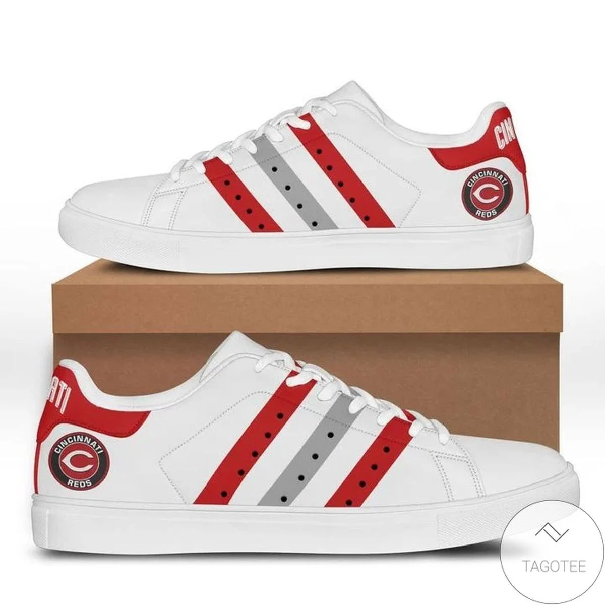 MLB Cincinnati Reds Red Grey Stripes Stan Smith Shoes , Trendy Style Sneakers ST0801