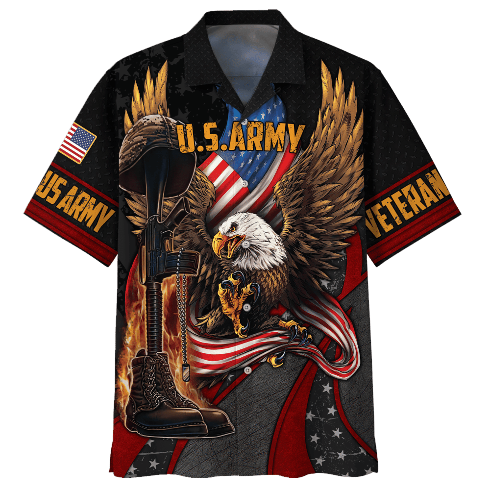 Eagle U.S. Army Veteran Red Black Hawaiian Shirt HW0601