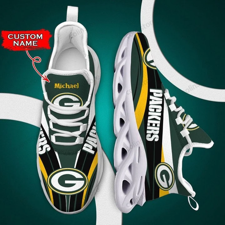 NFL Green Bay Packers Custom Name Green White Yellow Curve Max Soul Shoes for Women and Men MS0601