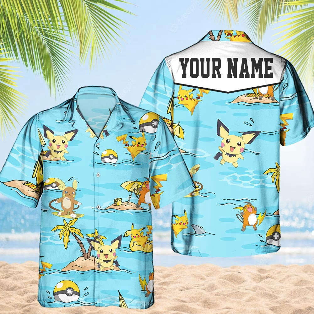 Custom Pokemon Pikachu Hawaiian Pattern Hawaii Shirt Aloha Anime Raichu Button Up Shirt Gifts For Pokemon Ball Fans HW0601