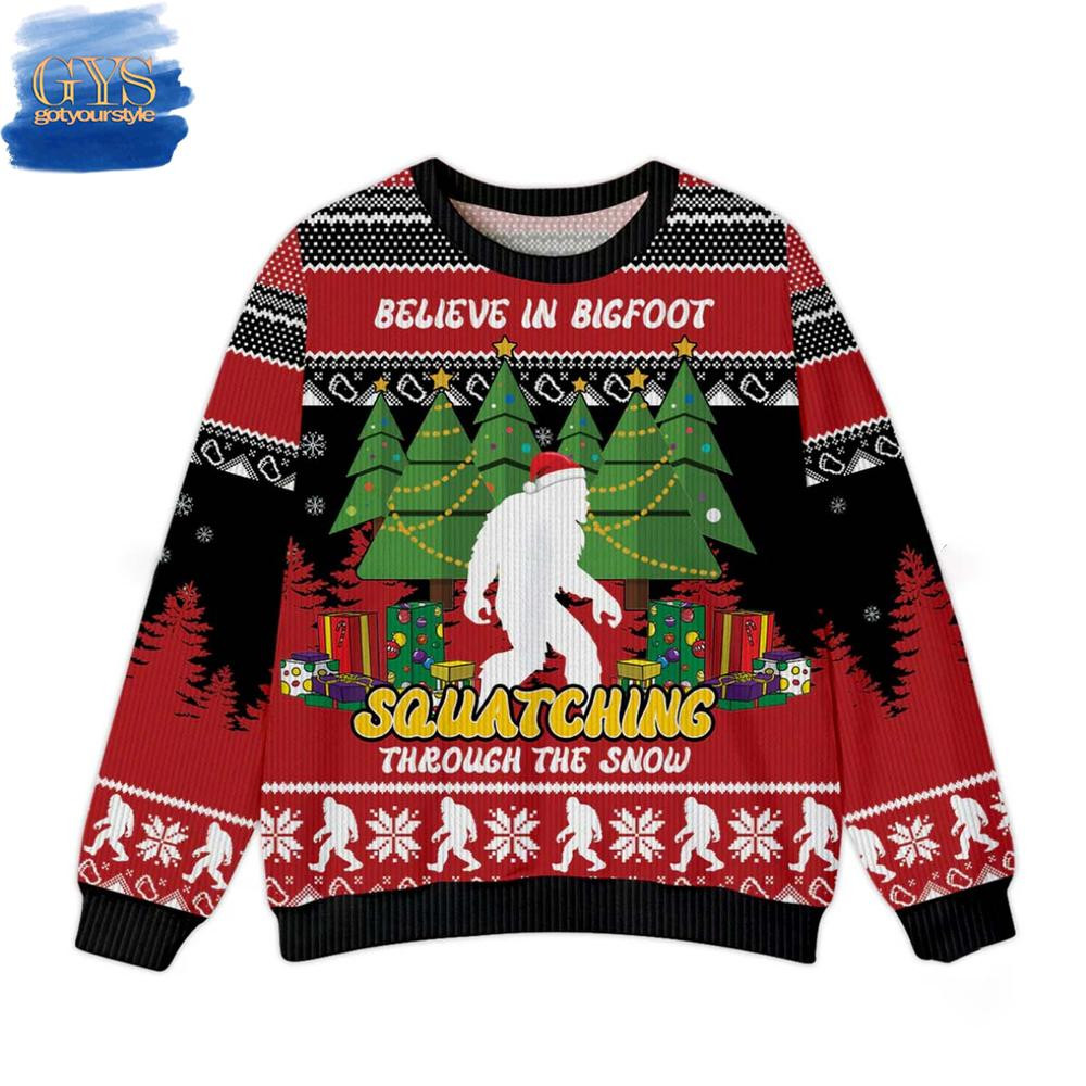 Bigfoot Squatching Through The Snow Christmas Ugly Sweater , Cozy Soft Unisex Pullover SW0601