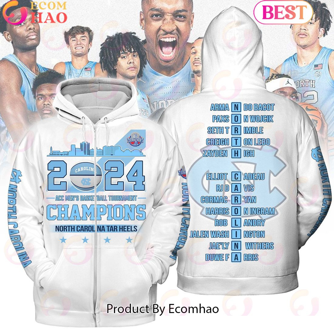 2024 ACC Men's Basketball Tournament Champions North Carolina Tar Heels White Hoodie, Zip Hoodie, Man - Women, Warm, Premium Quality HZ0501