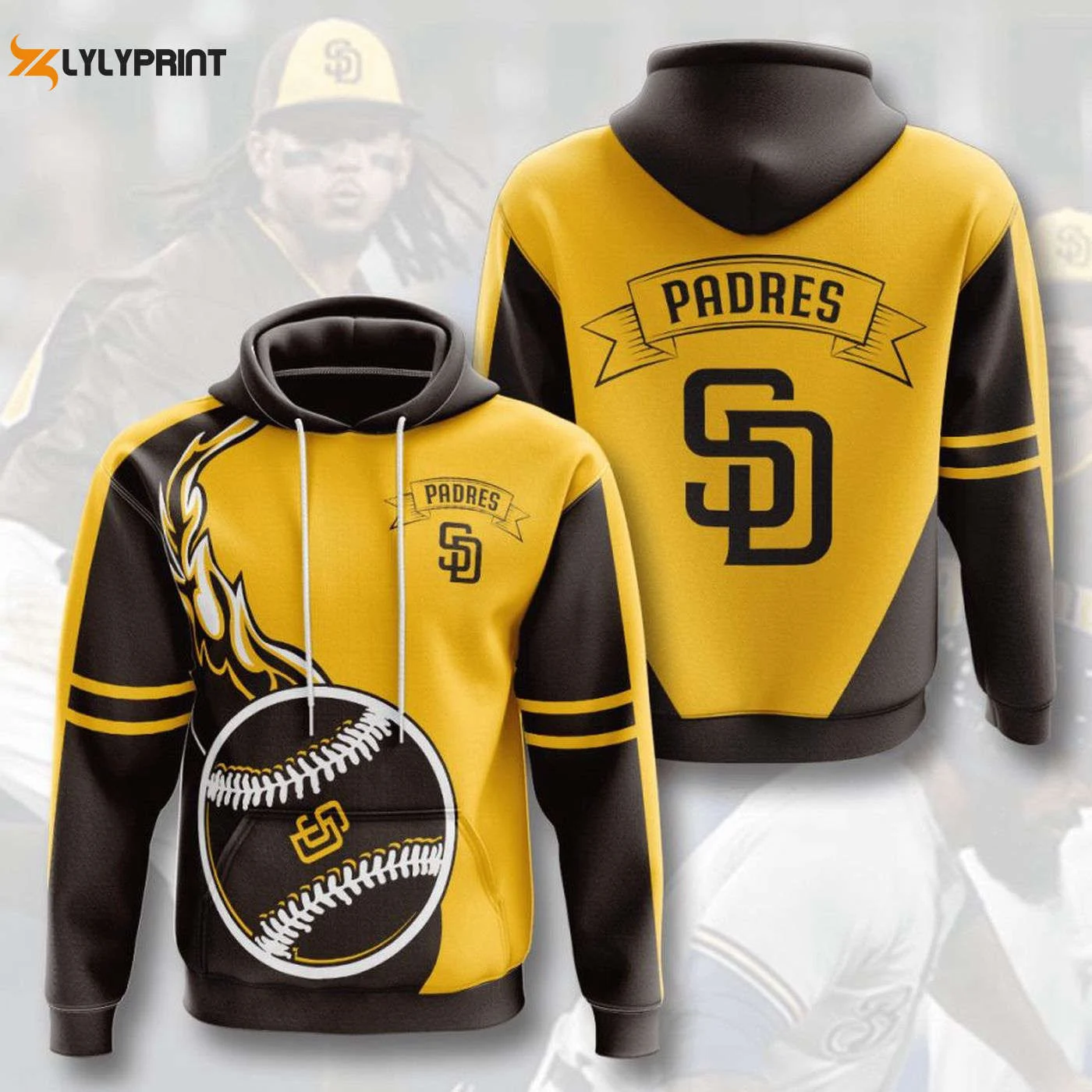 San Diego Padres Fire Ball Hoodie Brown Gold AOP Pullover Shirt HZ0501