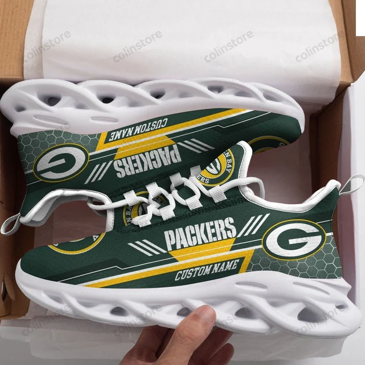 NFL Green Bay Packers Custom Name Green White Stripes Yellow Max Soul Shoes for Women and Men MS0601