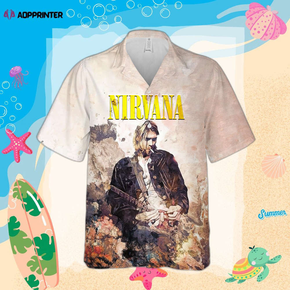 Nirvana Merch Kurt Cobain With Guitar Art Cuban Shirt Premium Unique Hawaiian Shirt HW0601