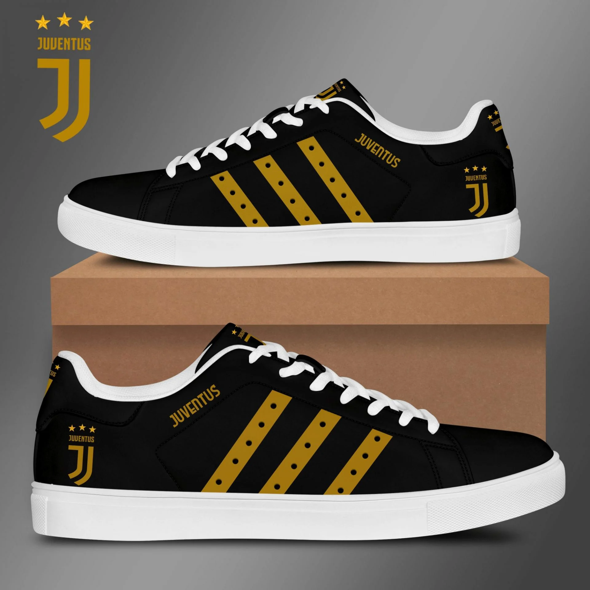 Juventus FC Black Yellow Stan Smith Shoes Unisex, Trendy Style Sneakers ST0801