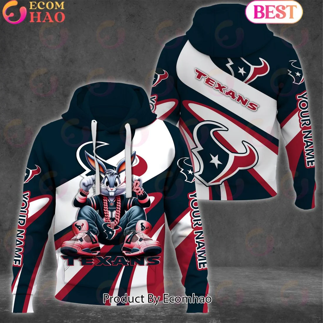 Custom Name Houston Texans Bugs Bunny Sport Clothing 3D Hoodie, Zip Hoodie, Man - Women, Warm, Premium Quality HZ0501