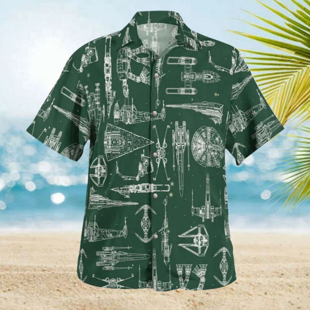 Space Ship Pattern Hawaiian Shirt Shorts Green Summer 2023 Hot HW0601