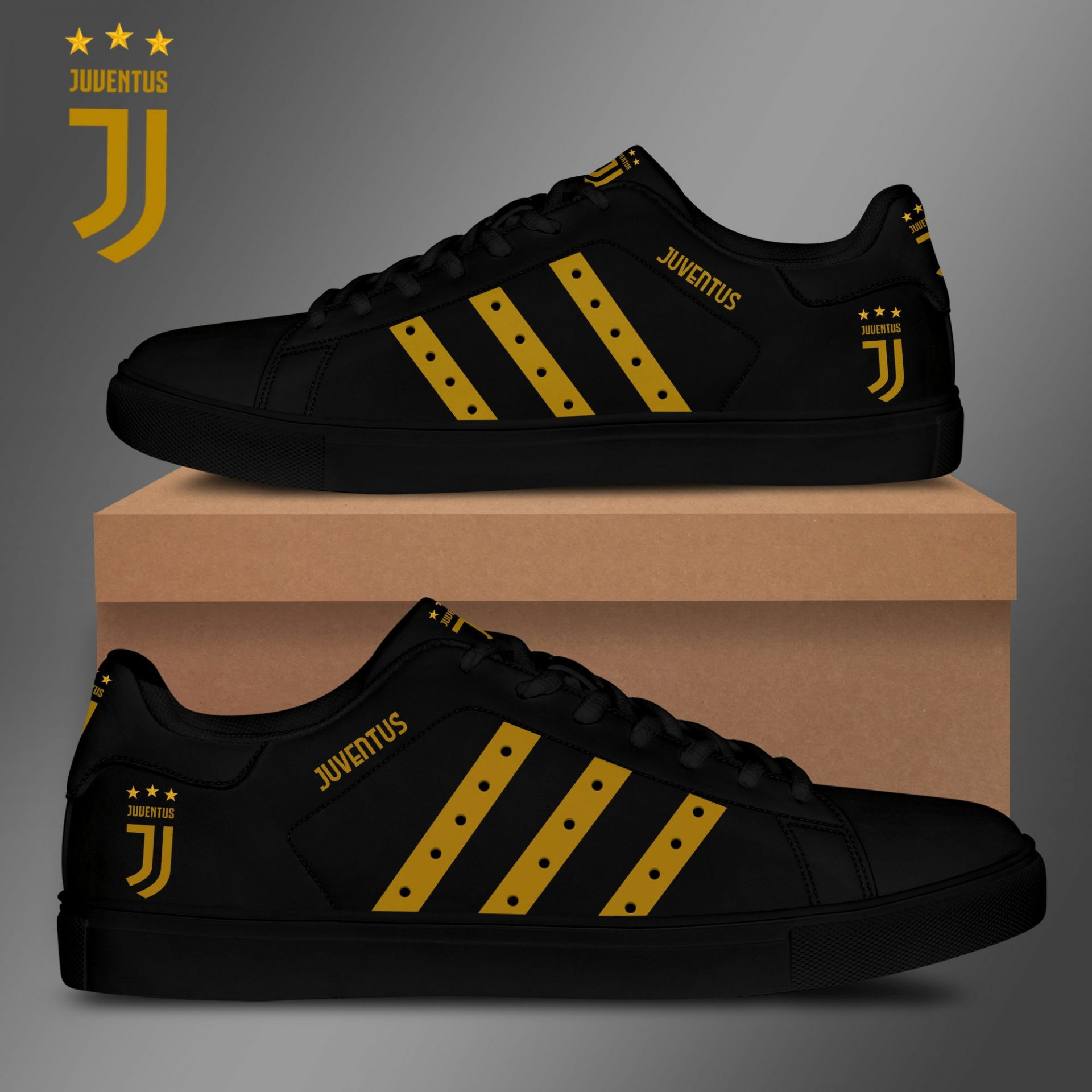 Juventus FC Black Yellow Stan Smith Shoes Unisex, Trendy Style Sneakers ST0801
