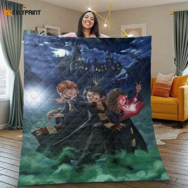 Harry Potter Quilt Blanket For Fans Home Decor Gift, Harry Potter Ron Weasley Hermione Granger Gift For Fan ,  Soft Quilt, King Size, All Season Cozy Quilt QB0901