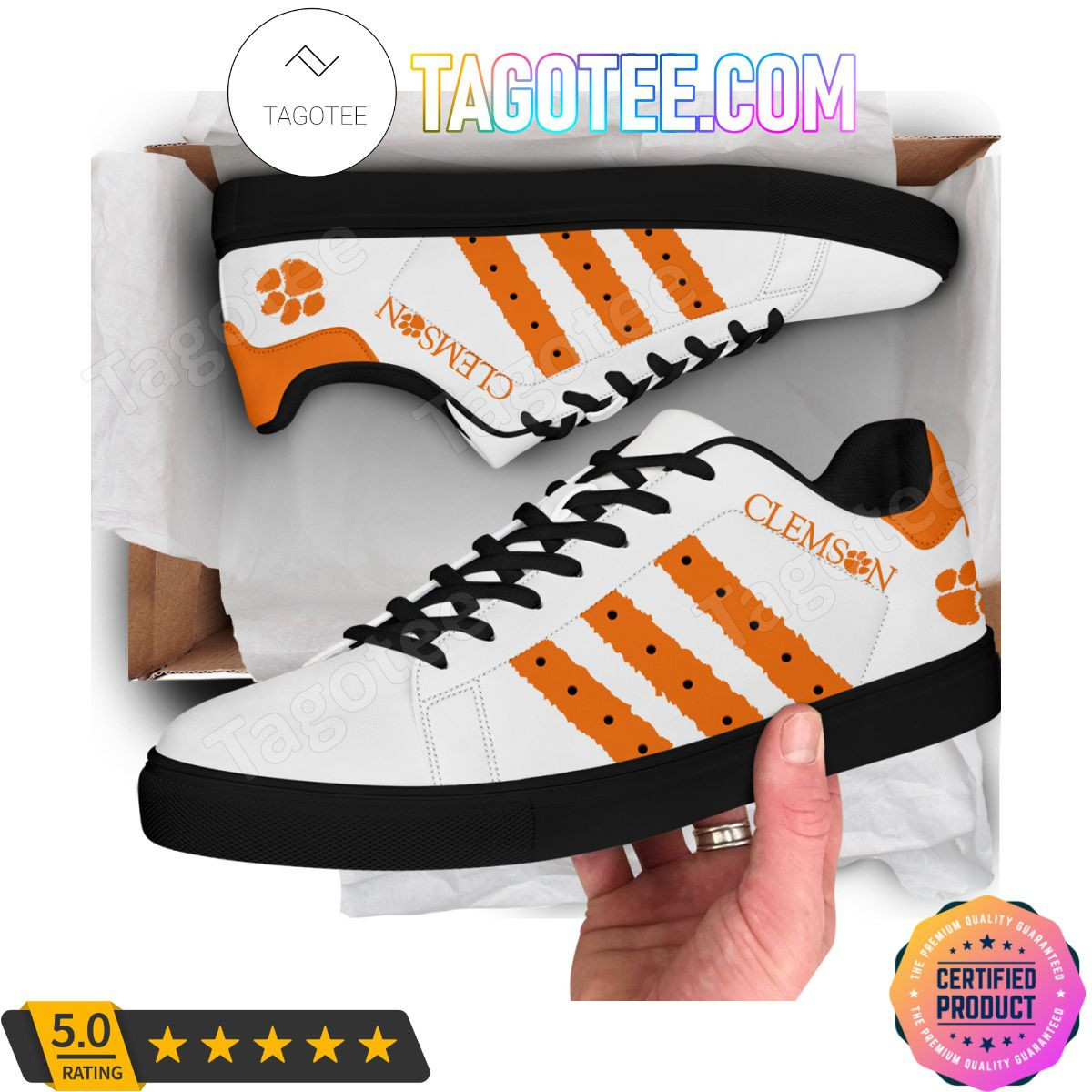 NCAA Clemson Tigers White Orange Stripes Stan Smith Shoes for Women and Men, Trendy Style Sneakers ST0801