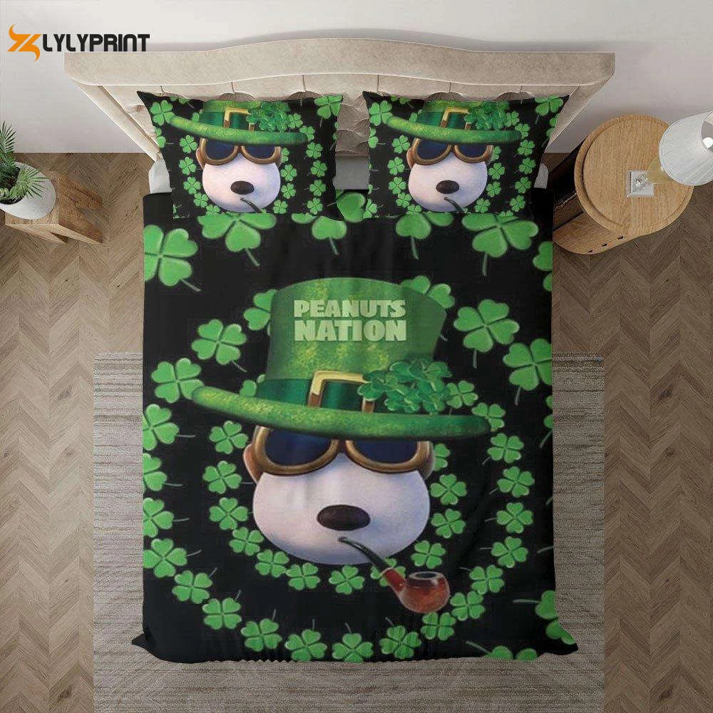 Snoopy The Peanuts Fan Gift, Peanuts Nation Gift, Snoopy And Shamrocks Happy Patrick's Day Duvet Quilt Bedding Set , Soft Quilt, King Size, All Season Cozy Quilt QB0901