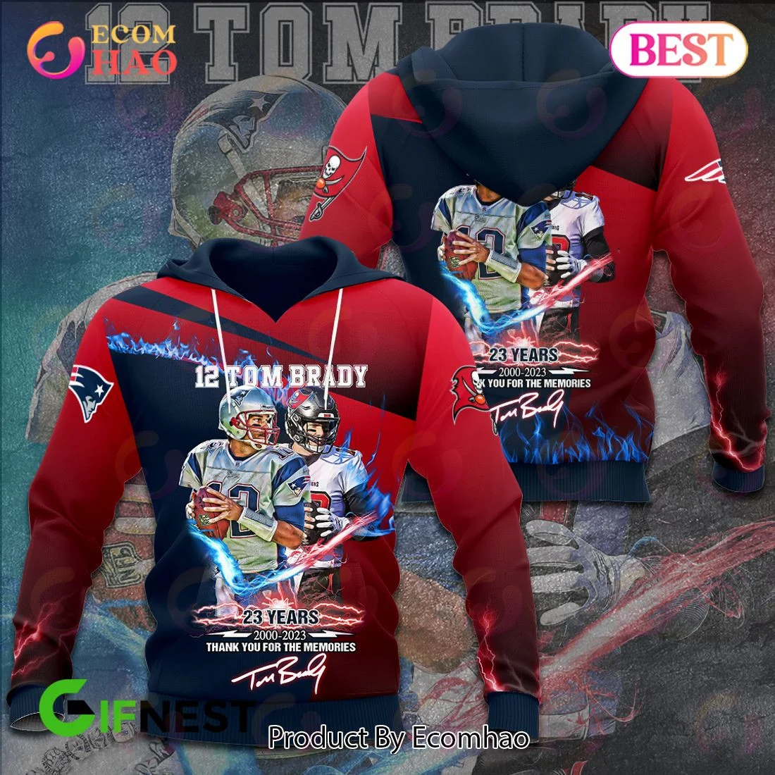 12 Tom Brady 23 Years 2000 - 2023 Thank You For The Memories 3D Hoodie, Zip Hoodie, Man - Women, Warm, Premium Quality HZ0501