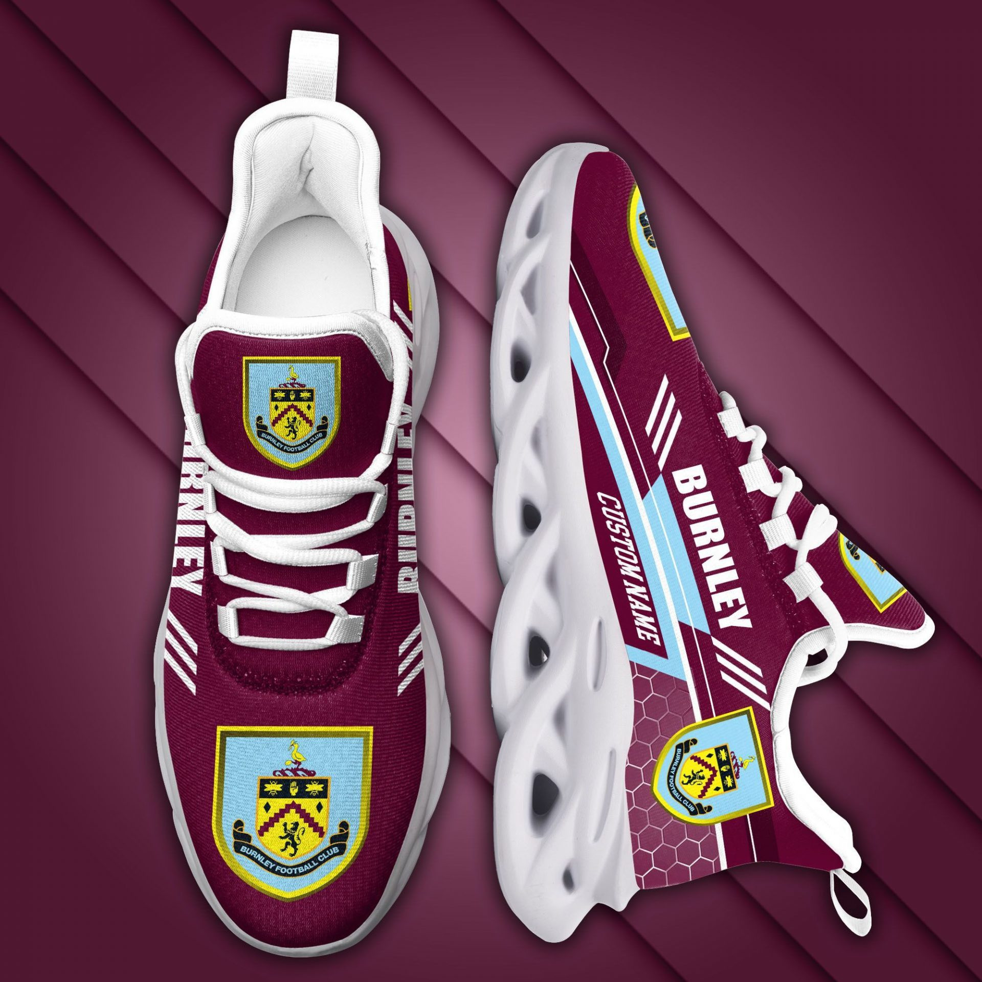 Burnley FC Custom Name Brown Blue Max Soul Shoes V2 Women Men MS0601