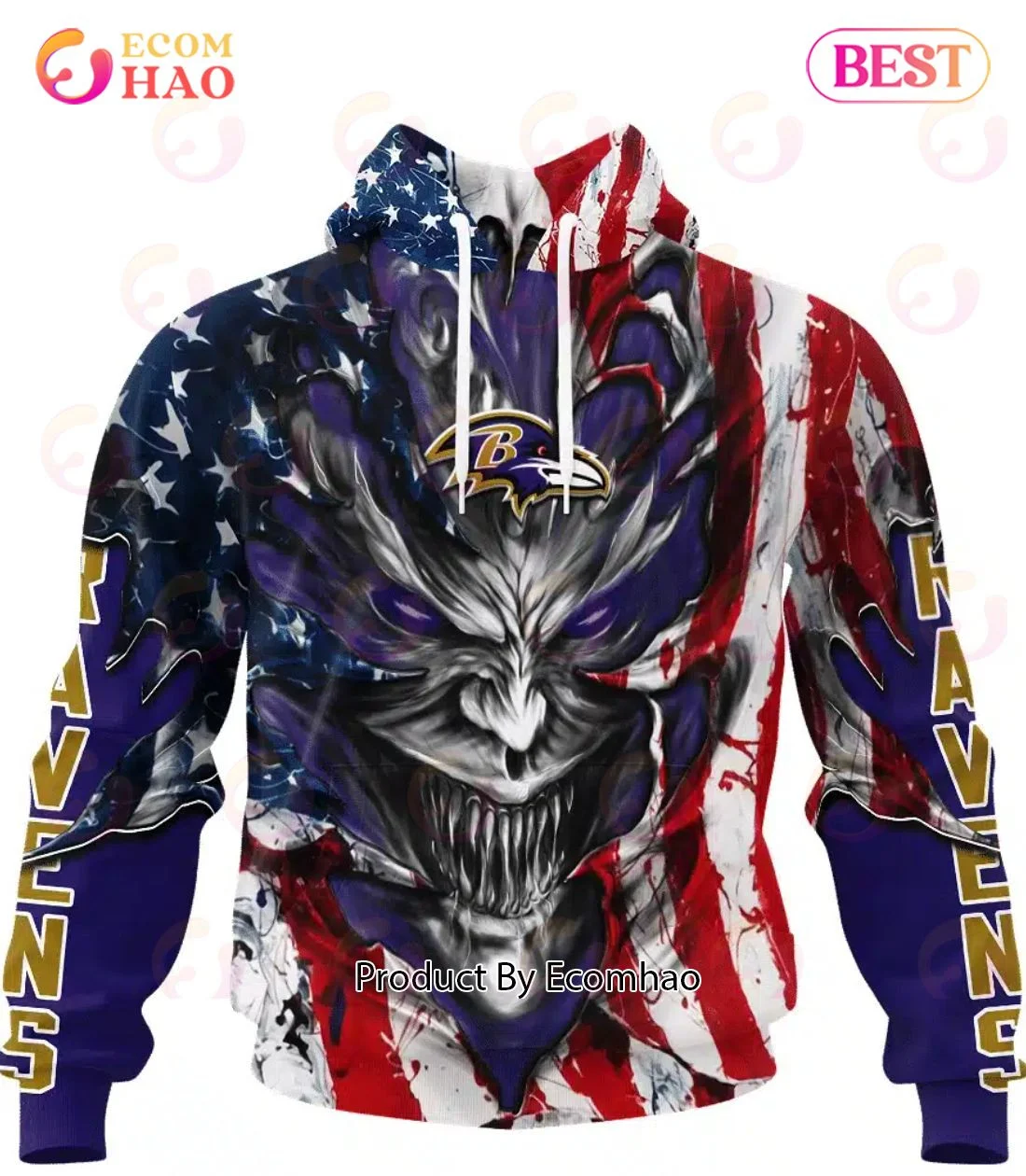 Baltimore Ravens Demon Face American Flag 3D Unisex Hoodie, Zip Hoodie, Man - Women, Warm, Premium Quality HZ0501