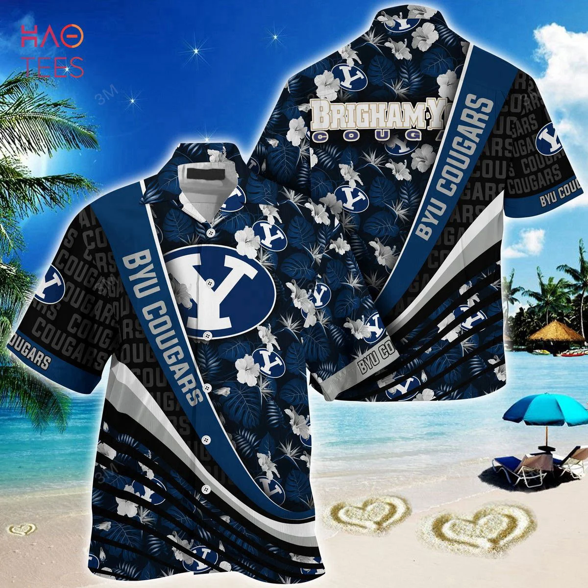 Dark Blue BYU Cougars Summer Hawaiian Shirt, Tropical Flower Pattern Hot 2023 Tee HW0601