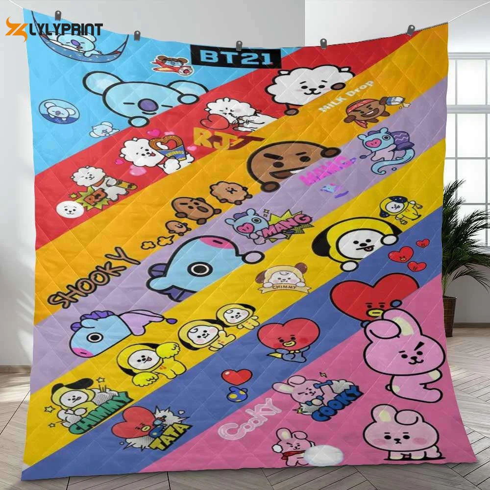 Bts Bt21 Bangtan Army Fan Art Cartoon So Cute Ver28 Gift Lover Quilt Blanket For Fans Home Decor Gift ,  Soft Quilt, King Size, All Season Cozy Quilt QB0901