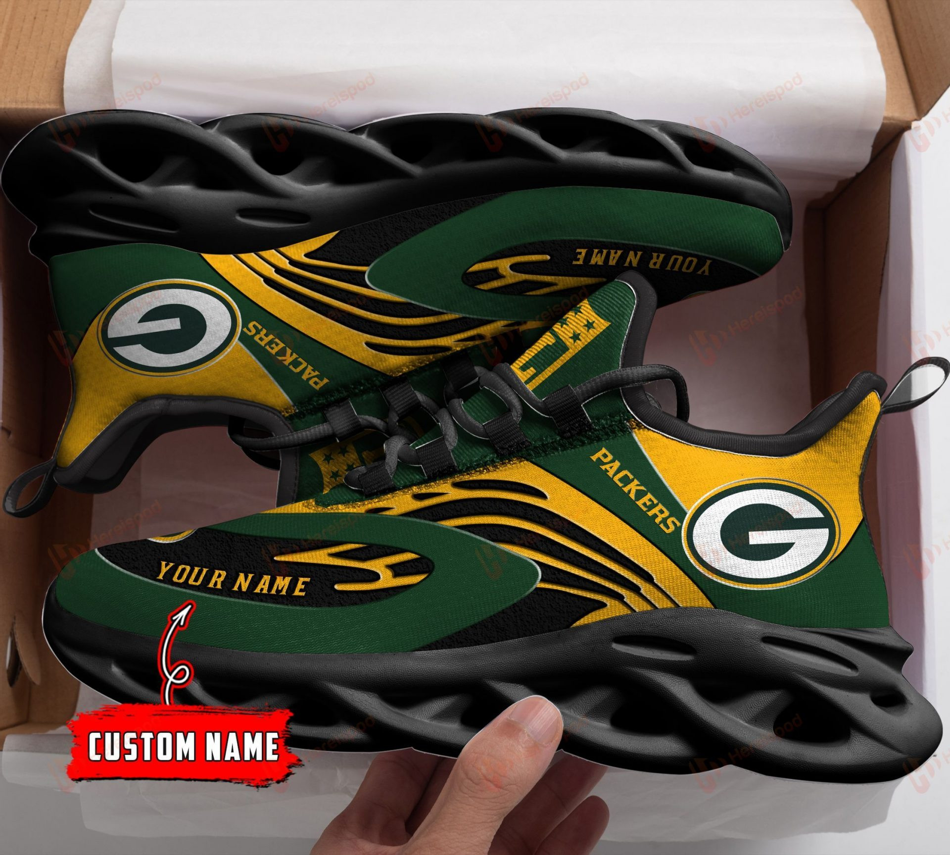 NFL Green Bay Packers Custom Name Yellow Green Special Max Soul Shoes for Women and Men MS0601