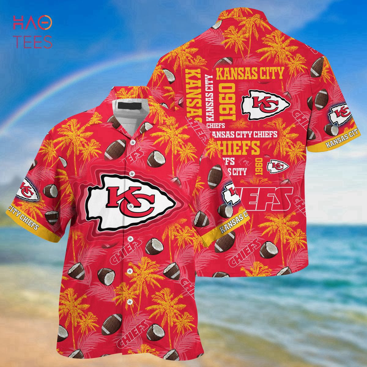 Kansas City Chiefs NFL Hawaiian Summer Button Up T-Shirt Red 2023 HW0601