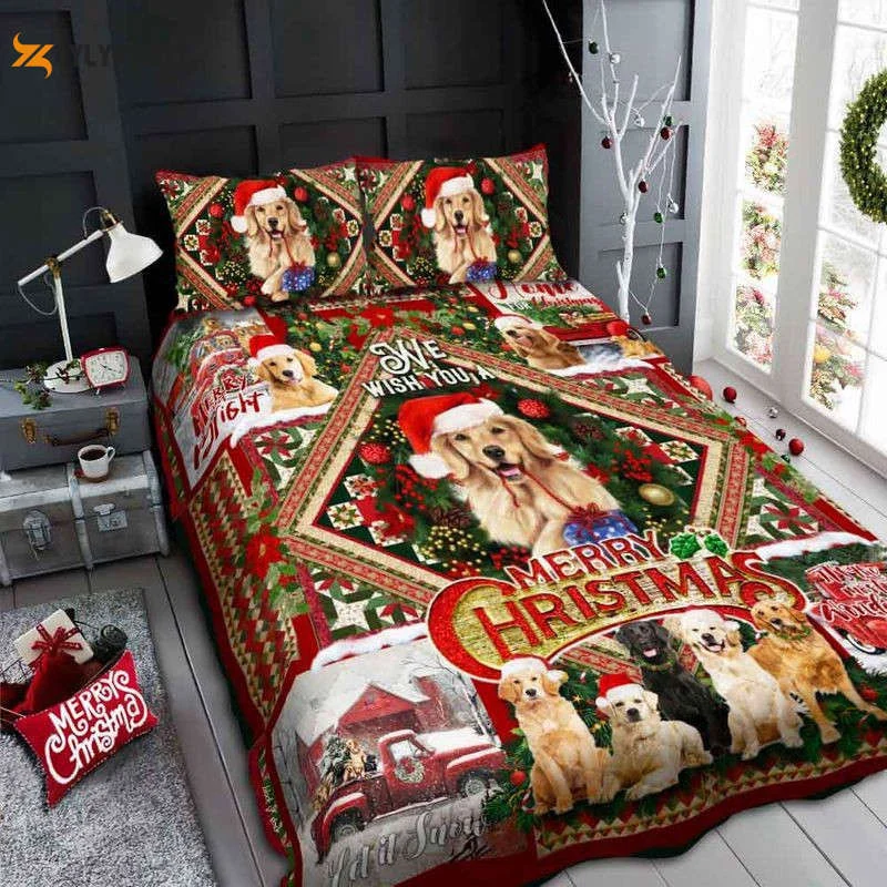 Dog Lovers Golden Retriever We Wish You A Merry Christmas Quilt Bedding Set ,  Soft Quilt, King Size, All Season Cozy Quilt QB0901